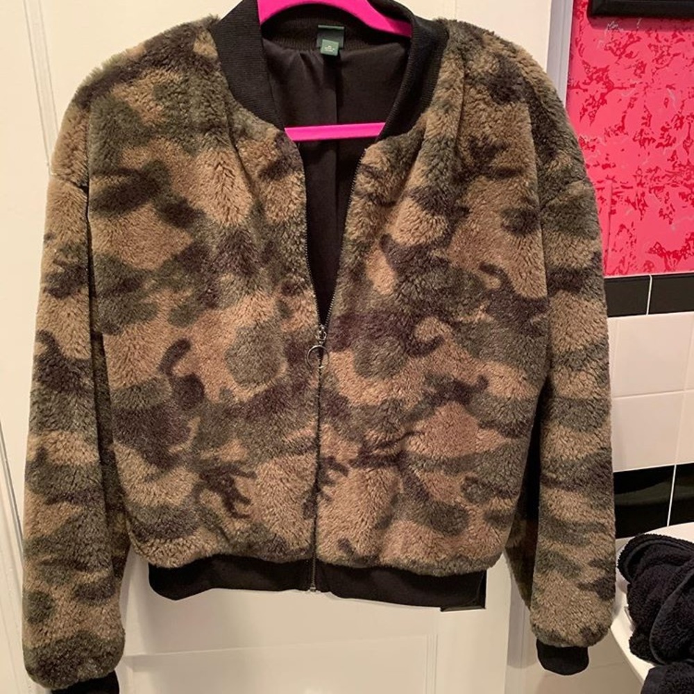 Fuzzy Camo Bomber Jacket